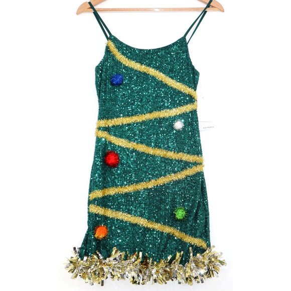 EyeShadow M Green Sequin Dress With Pom Poms Garland Trim Christmas Party Siren - Picture 1 of 10